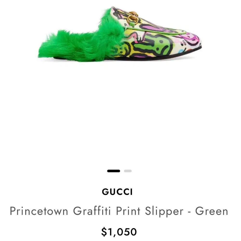 Gucci authentic green Princeton Shearling slides lamb fur shoes gold hardware